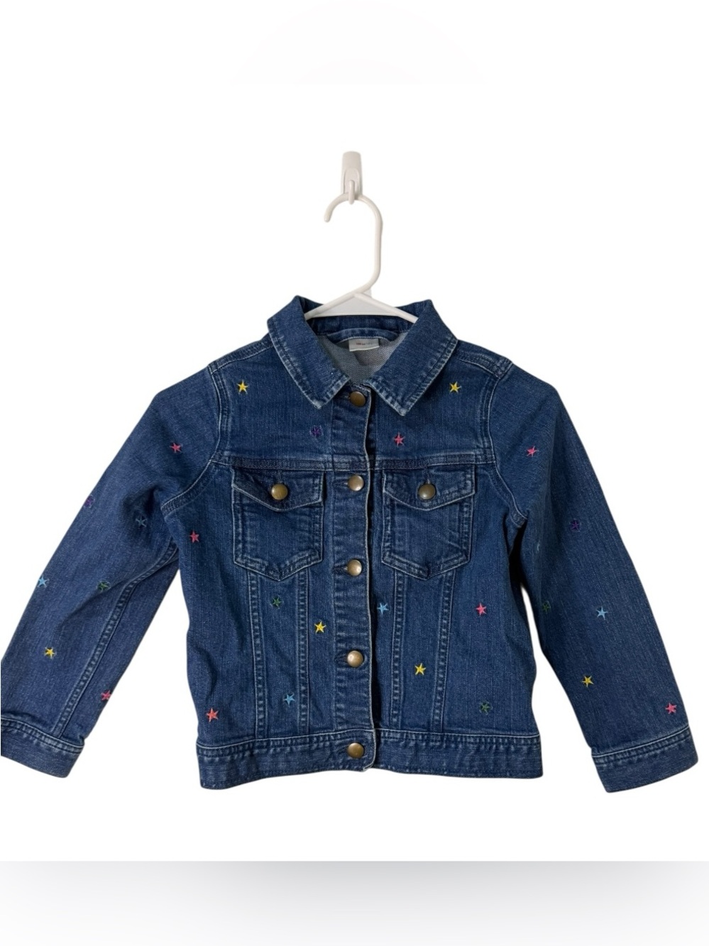 Hanna Andersson Girls Denim Jacket Size 8 Embroidered Rainbow Stars Stretch Jean